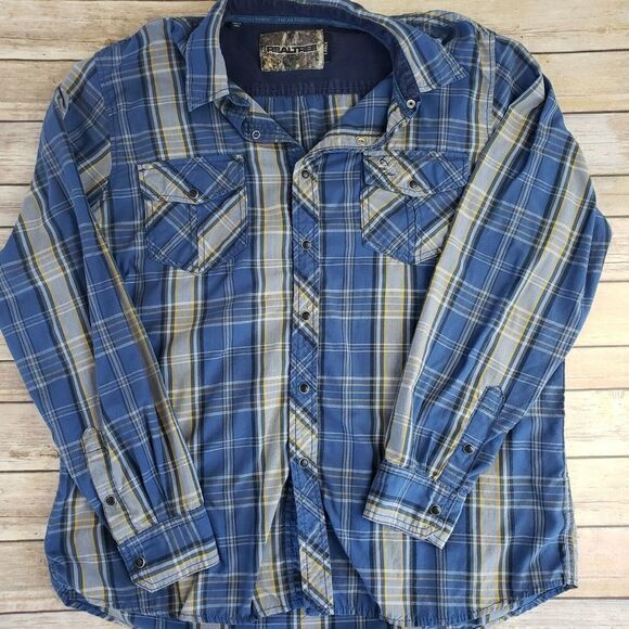 Realtree Blue Plaid Mens Large Snap Button Up Shirt Long Sleeve - Picture 2 of 8
